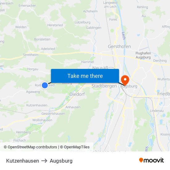 Kutzenhausen to Augsburg map