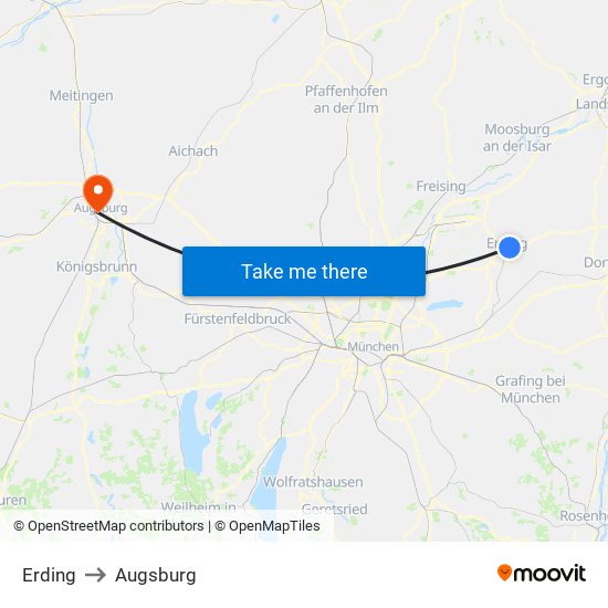 Erding to Augsburg map
