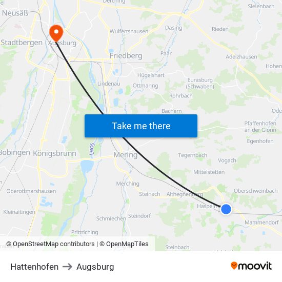 Hattenhofen to Augsburg map