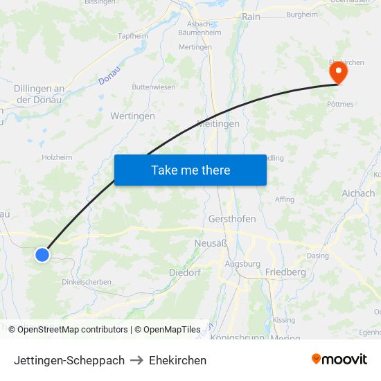 Jettingen-Scheppach to Ehekirchen map