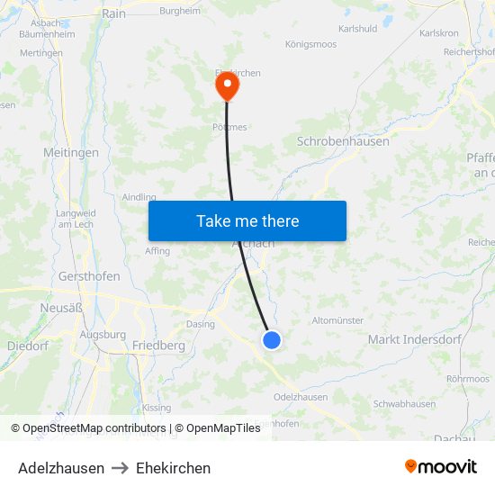 Adelzhausen to Ehekirchen map