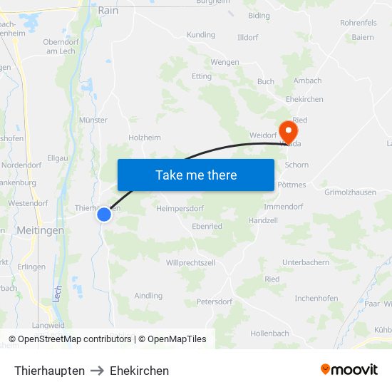 Thierhaupten to Ehekirchen map