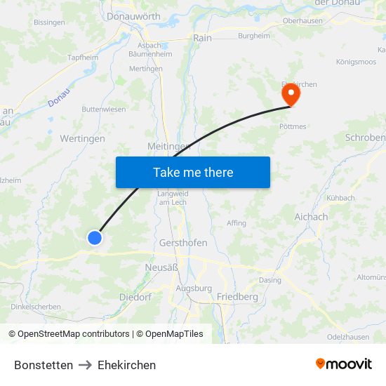 Bonstetten to Ehekirchen map