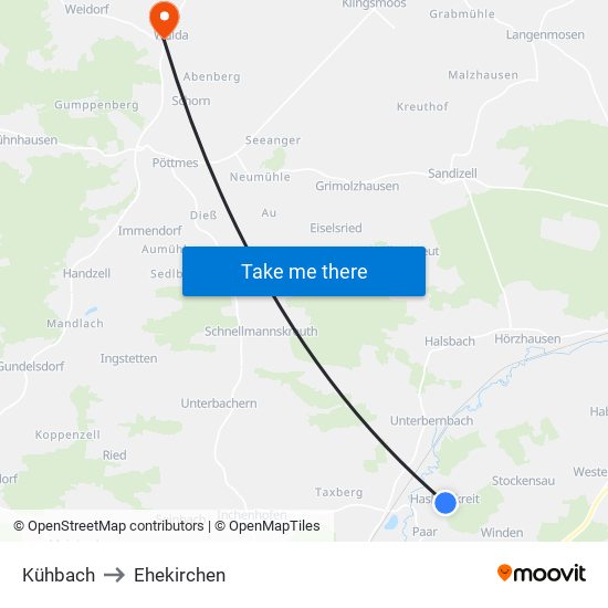 Kühbach to Ehekirchen map