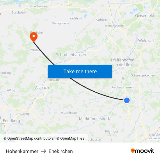 Hohenkammer to Ehekirchen map