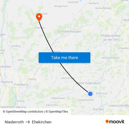 Niederroth to Ehekirchen map