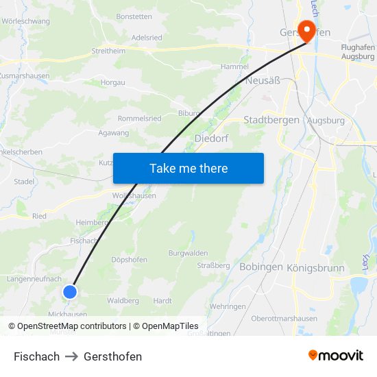 Fischach to Gersthofen map