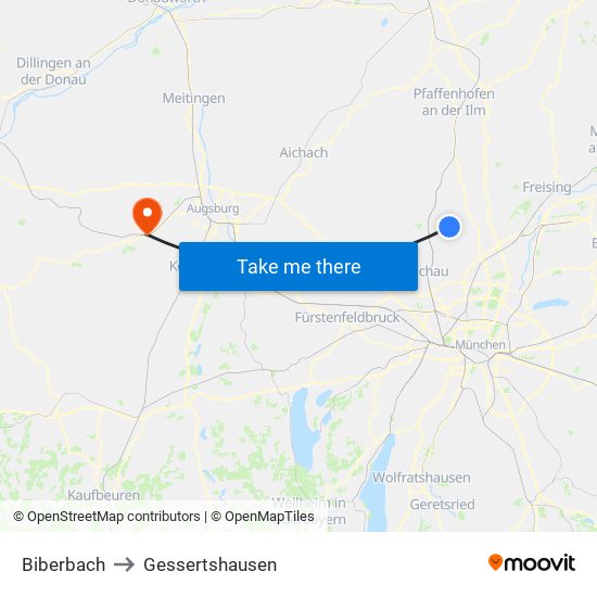 Biberbach to Gessertshausen map