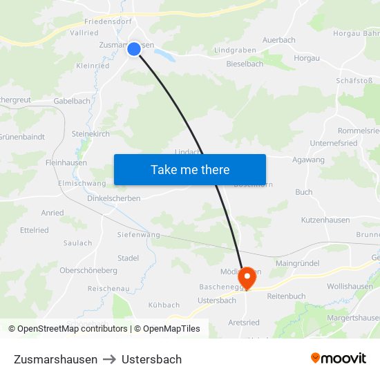 Zusmarshausen to Ustersbach map