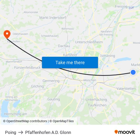 Poing to Pfaffenhofen A.D. Glonn map