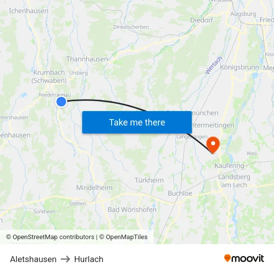Aletshausen to Hurlach map