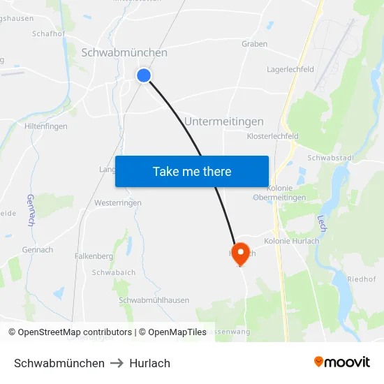 Schwabmünchen to Hurlach map