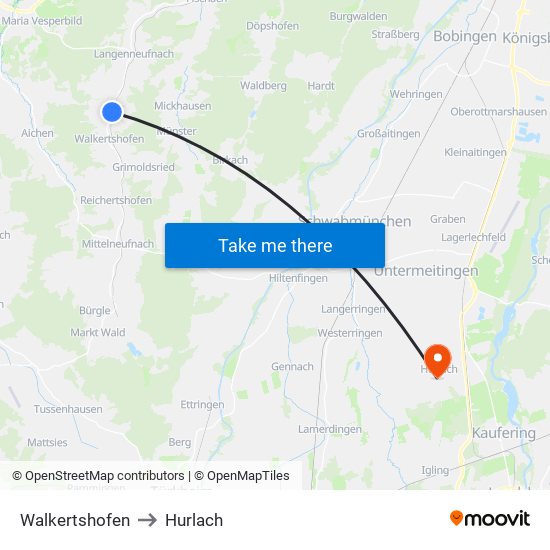 Walkertshofen to Hurlach map