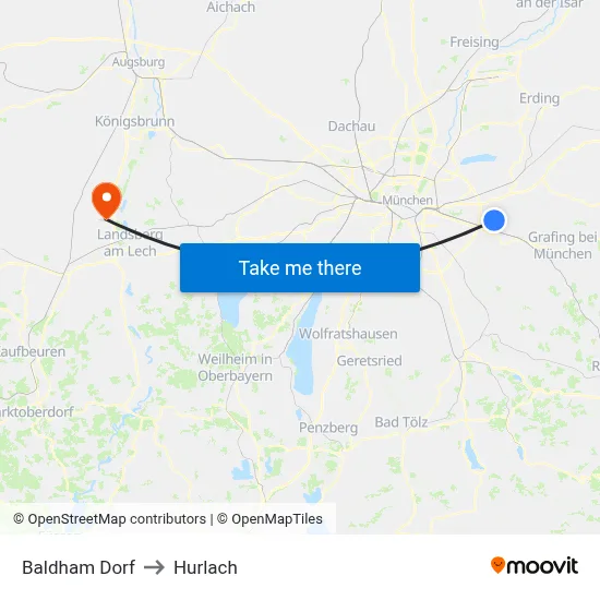 Baldham Dorf to Hurlach map
