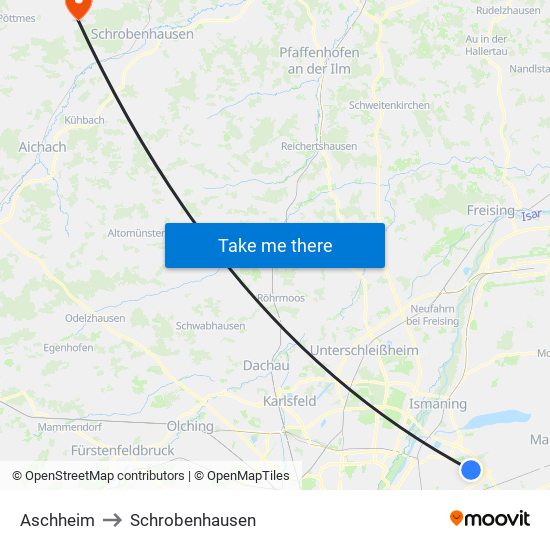 Aschheim to Schrobenhausen map