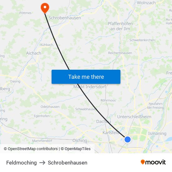 Feldmoching to Schrobenhausen map