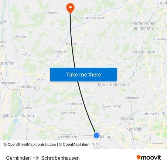 Gernlinden to Schrobenhausen map