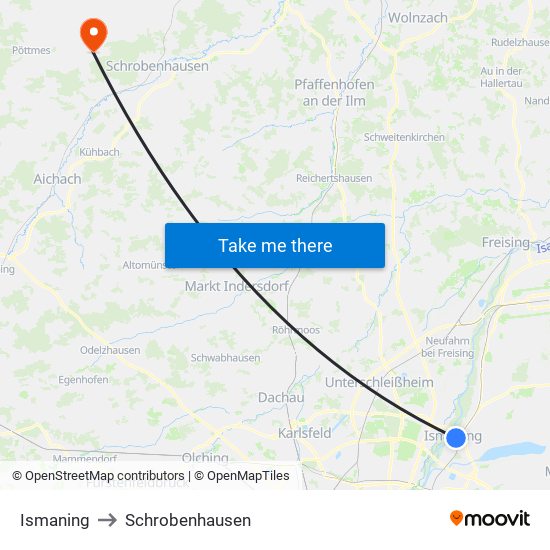 Ismaning to Schrobenhausen map