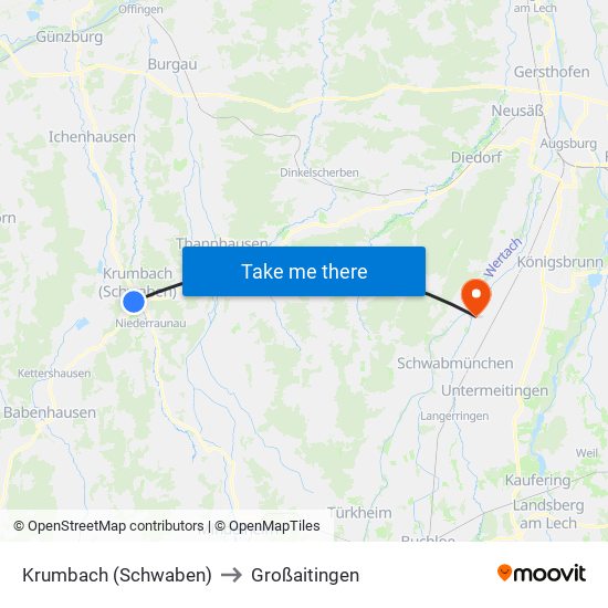 Krumbach (Schwaben) to Großaitingen map