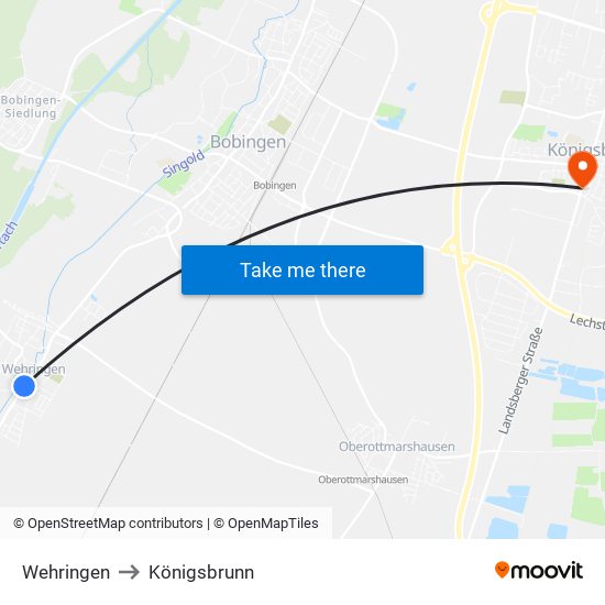 Wehringen to Königsbrunn map