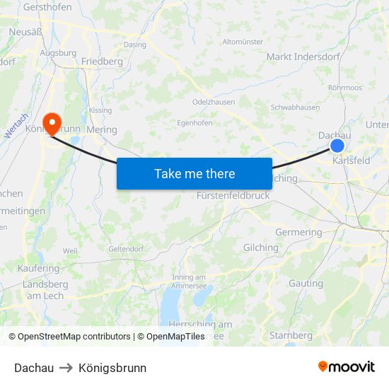 Dachau to Königsbrunn map