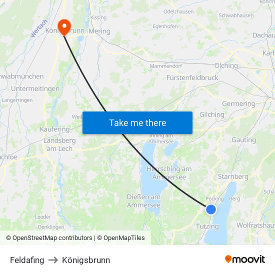 Feldafing to Königsbrunn map