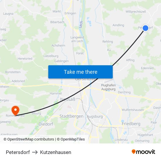 Petersdorf to Kutzenhausen map