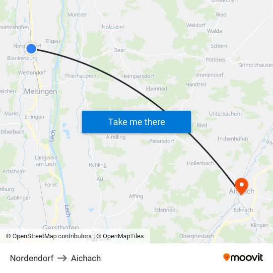 Nordendorf to Aichach map