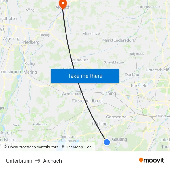 Unterbrunn to Aichach map