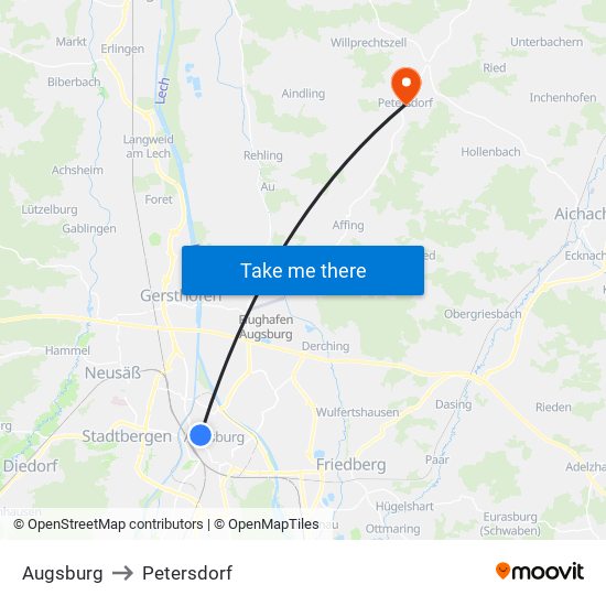 Augsburg to Petersdorf map