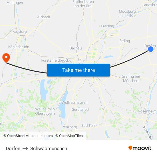 Dorfen to Schwabmünchen map