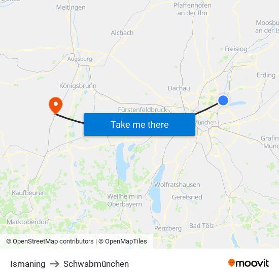 Ismaning to Schwabmünchen map