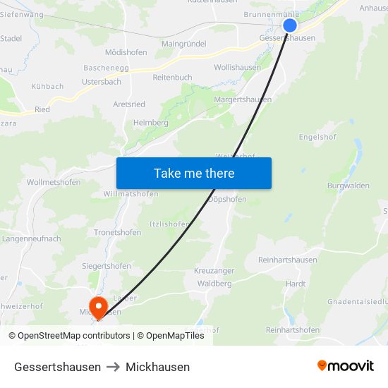 Gessertshausen to Mickhausen map