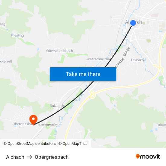 Aichach to Obergriesbach map