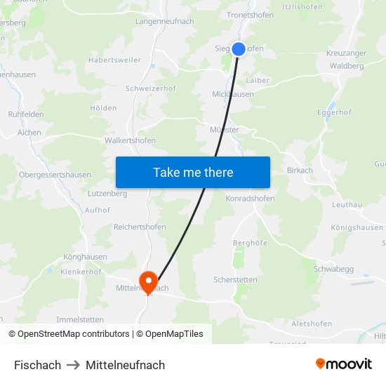 Fischach to Mittelneufnach map