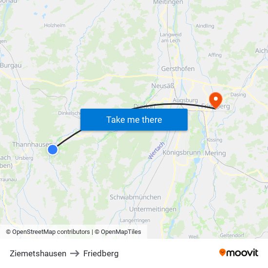 Ziemetshausen to Friedberg map
