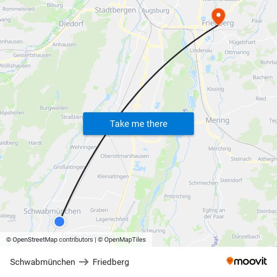 Schwabmünchen to Friedberg map