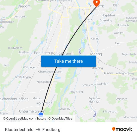 Klosterlechfeld to Friedberg map