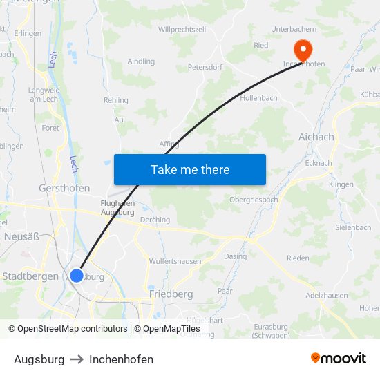 Augsburg to Inchenhofen map