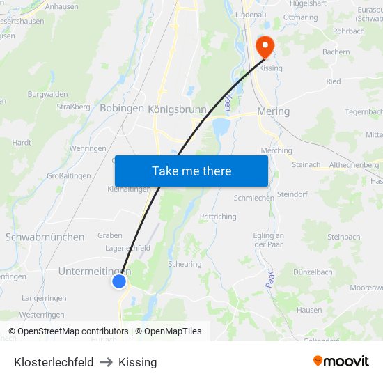 Klosterlechfeld to Kissing map