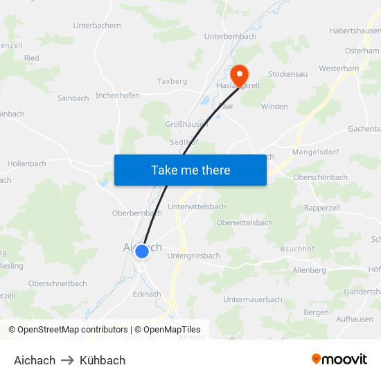 Aichach to Kühbach map