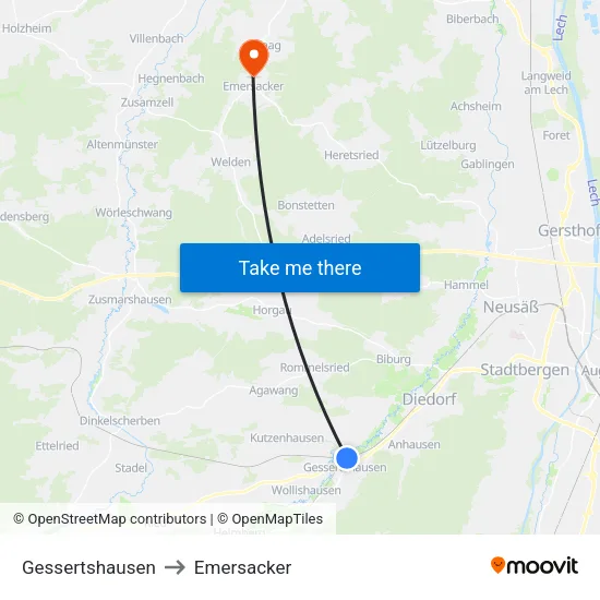 Gessertshausen to Emersacker map