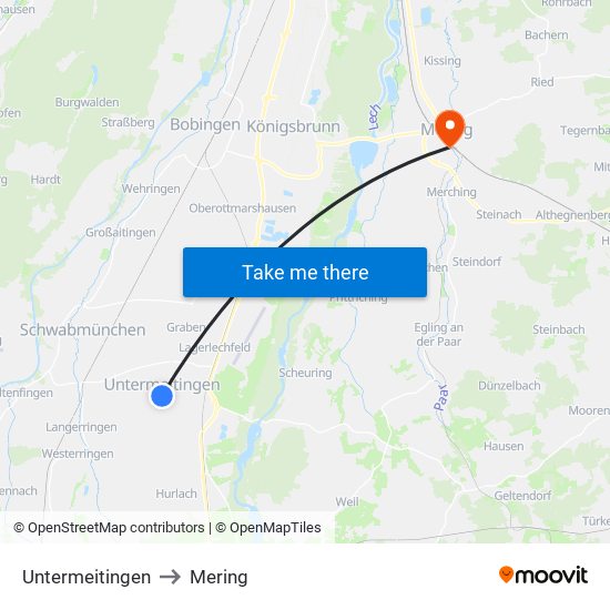 Untermeitingen to Mering map