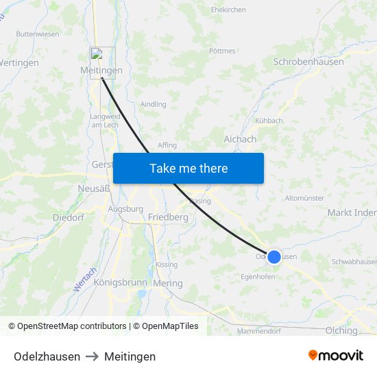Odelzhausen to Meitingen map
