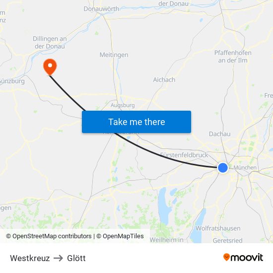 Westkreuz to Glött map