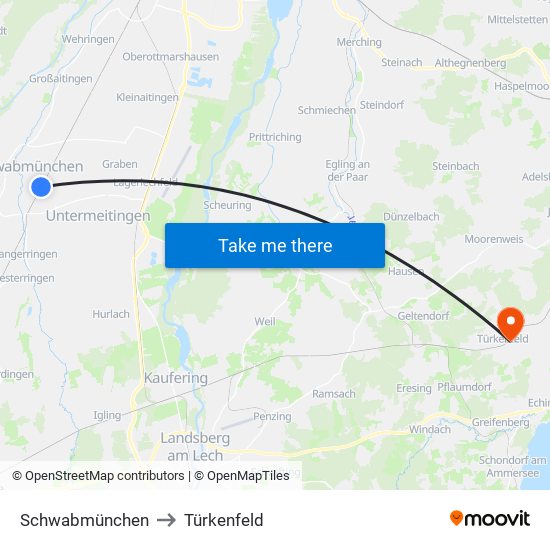 Schwabmünchen to Türkenfeld map