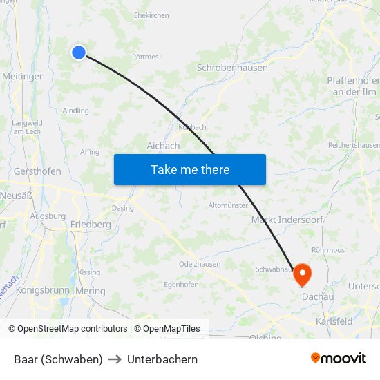 Baar (Schwaben) to Unterbachern map