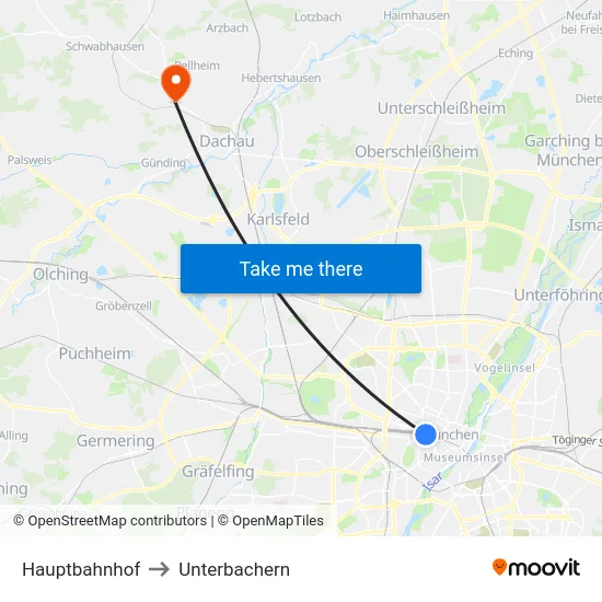 Hauptbahnhof to Unterbachern map