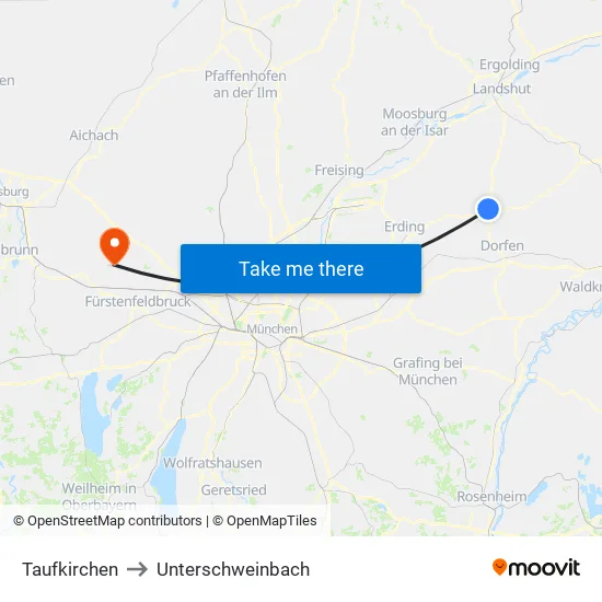 Taufkirchen to Unterschweinbach map