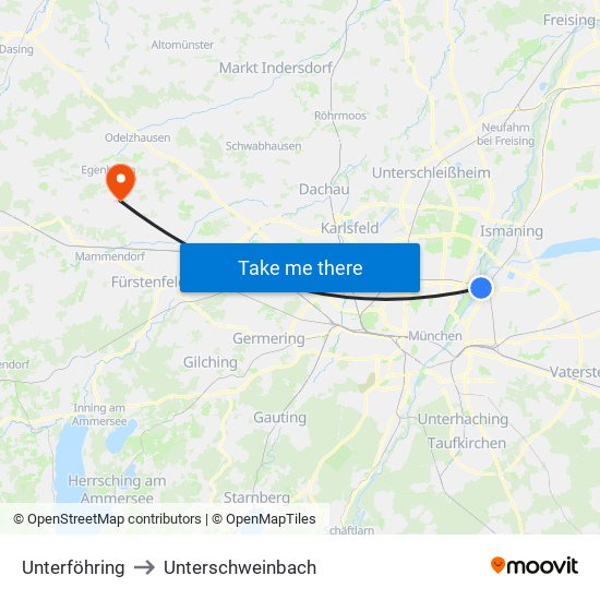 Unterföhring to Unterschweinbach map